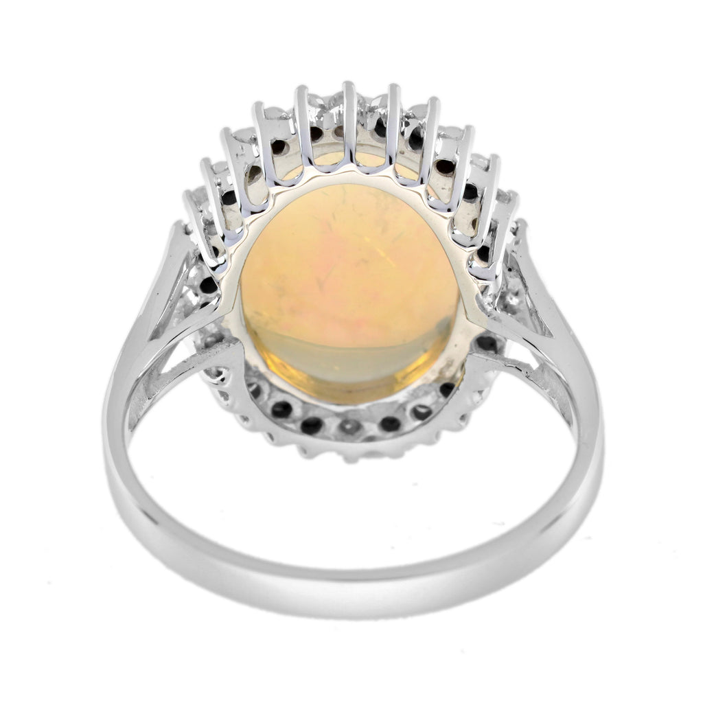 Oval Shape White Opal & Diamond Vintage Style Cocktail 9K White Gold Ring