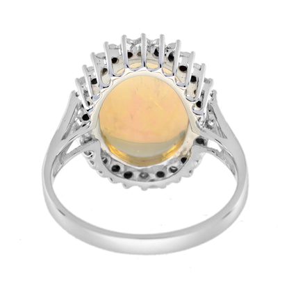 Oval Shape White Opal & Diamond Vintage Style Cocktail 9K White Gold Ring