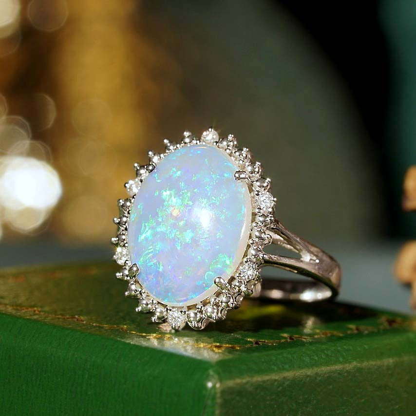 oval shape white opal & diamond vintage style cocktail 9k white gold ring