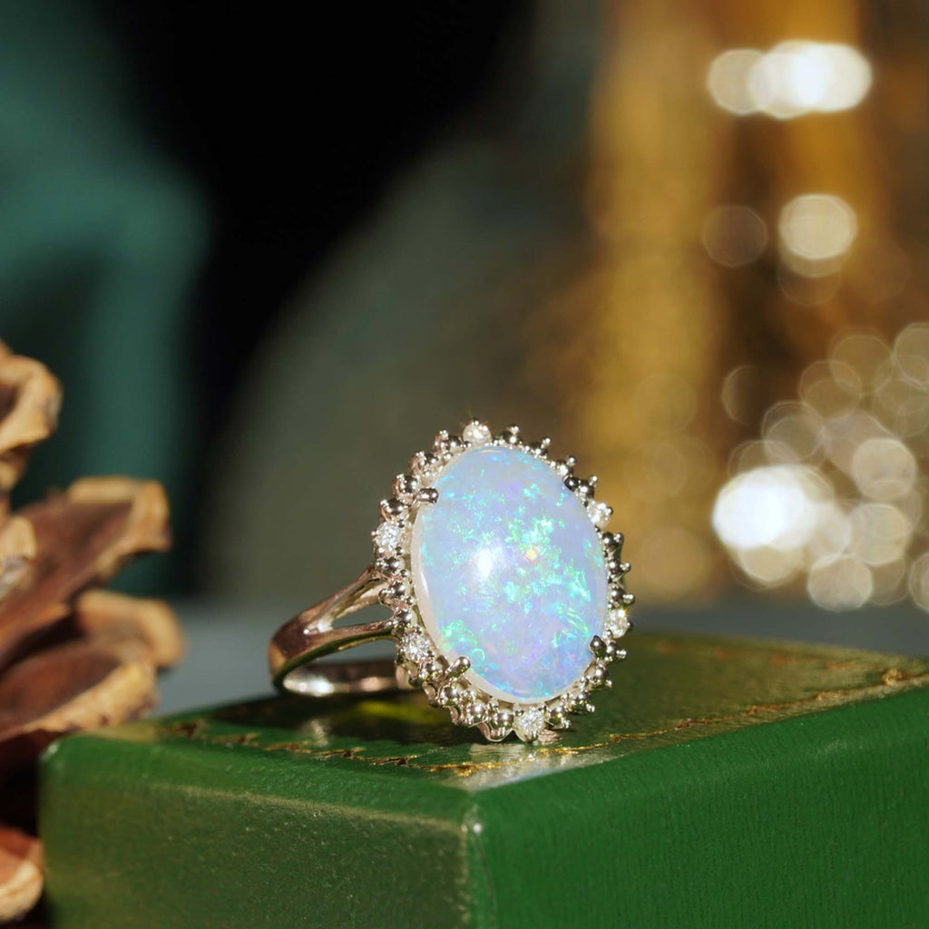 Oval Shape White Opal & Diamond Vintage Style Cocktail 9K White Gold Ring