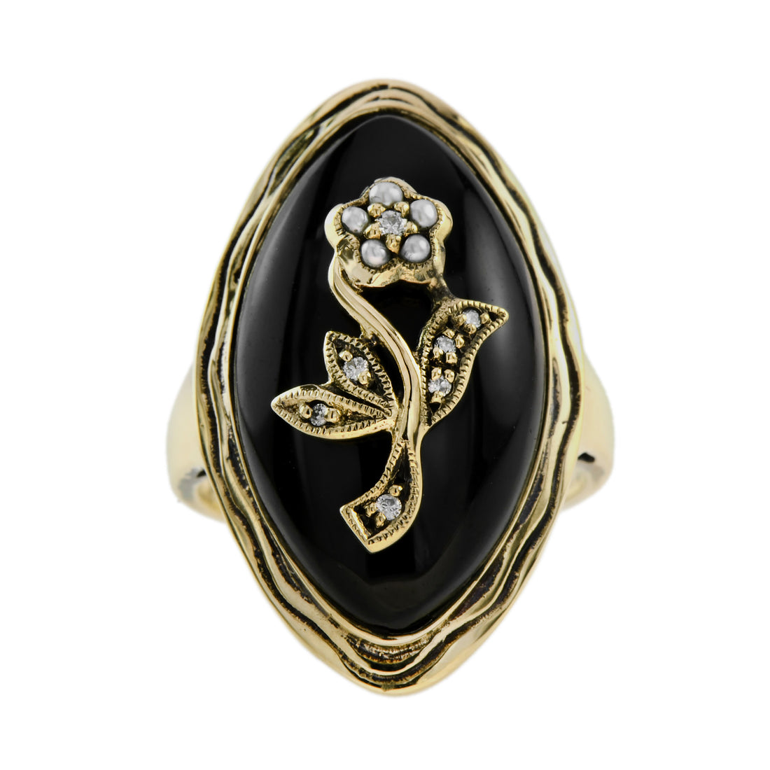 Diamond &amp; Pearl and Black Onyx Flower Rose Antique Style Cocktail Gold Ring