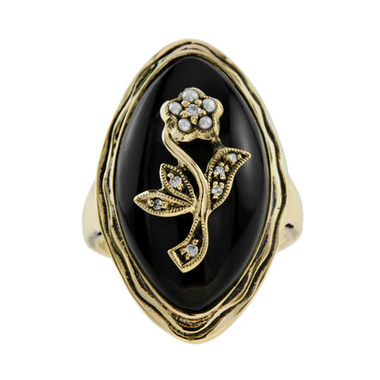 Diamond &amp; Pearl and Black Onyx Flower Rose Antique Style Cocktail Gold Ring