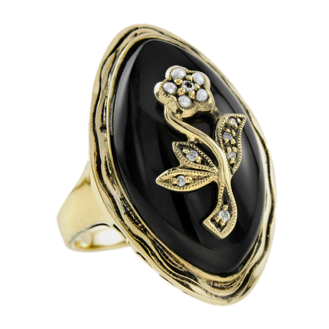 Diamond &amp; Pearl and Black Onyx Flower Rose Antique Style Cocktail Gold Ring