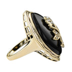 Diamond & Pearl and Black Onyx Flower Rose Antique Style Cocktail Gold Ring