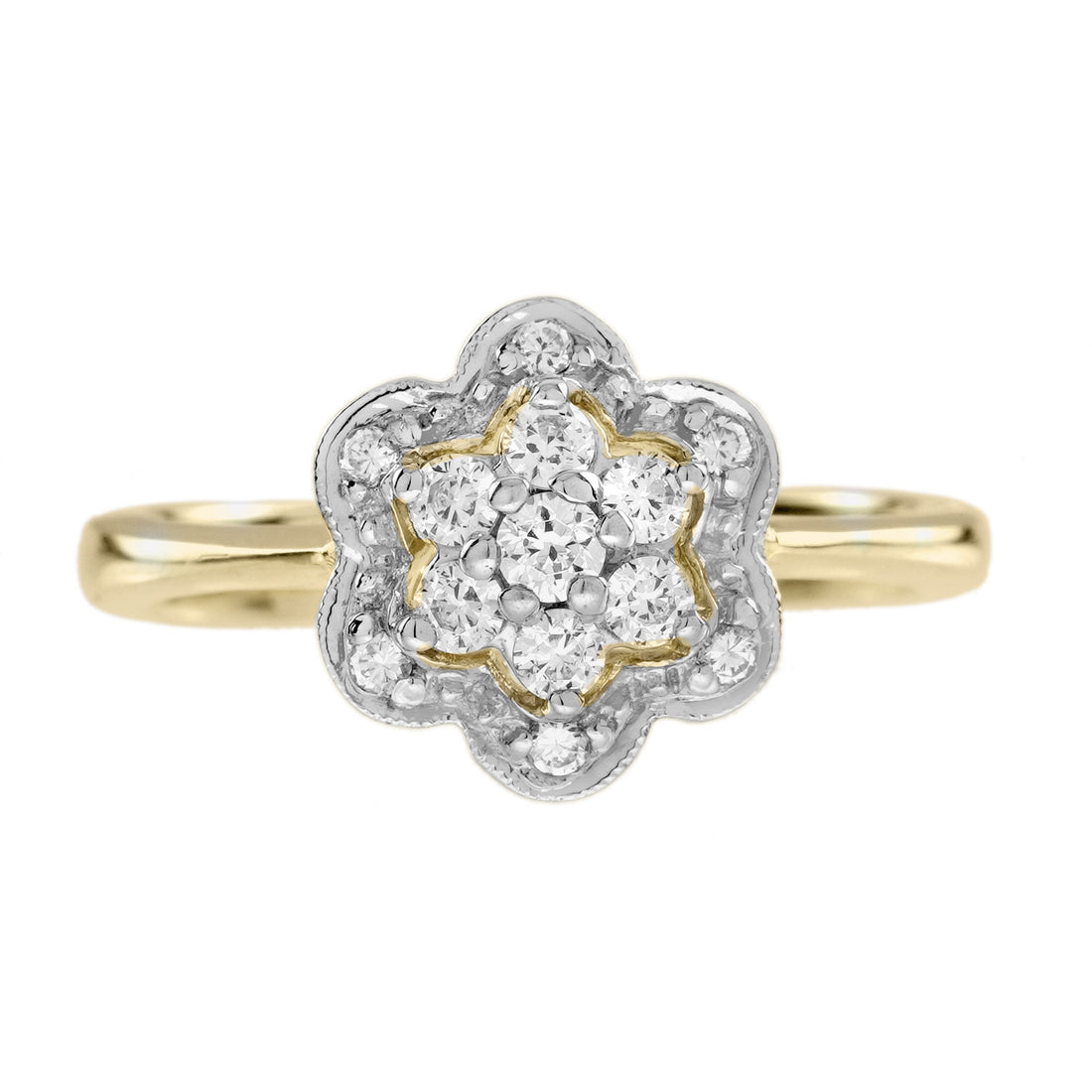 Diamond Vintage Style Floral Cluster Engagement Ring in Two Tone Gold