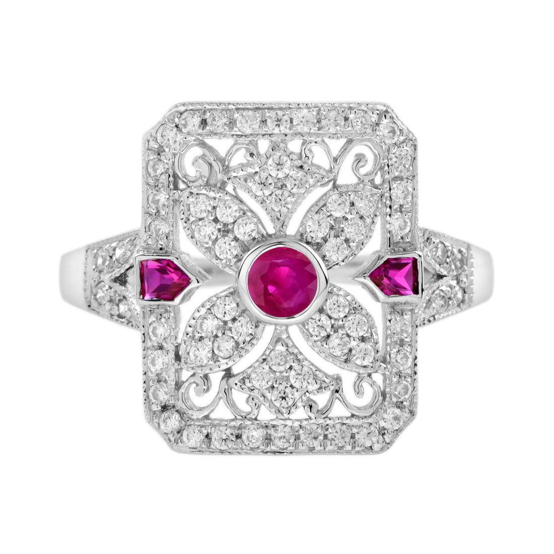 Pink Red Ruby & Diamond Art Deco Style Filigree 14K White Gold Ring