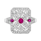 Pink Red Ruby & Diamond Art Deco Style Filigree 14K White Gold Ring