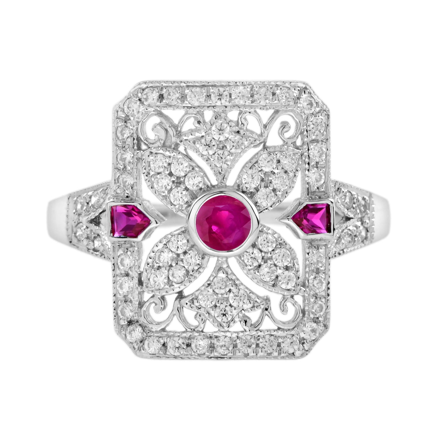 Pink Red Ruby &amp; Diamond Art Deco Style Filigree 14K White Gold Ring