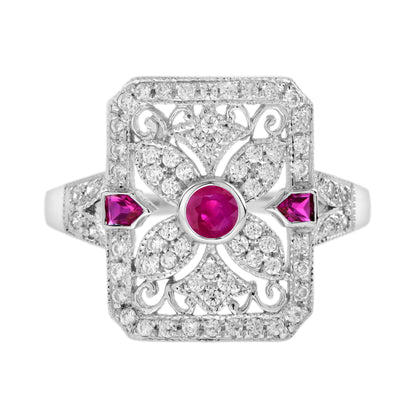 Pink Red Ruby &amp; Diamond Art Deco Style Filigree 14K White Gold Ring
