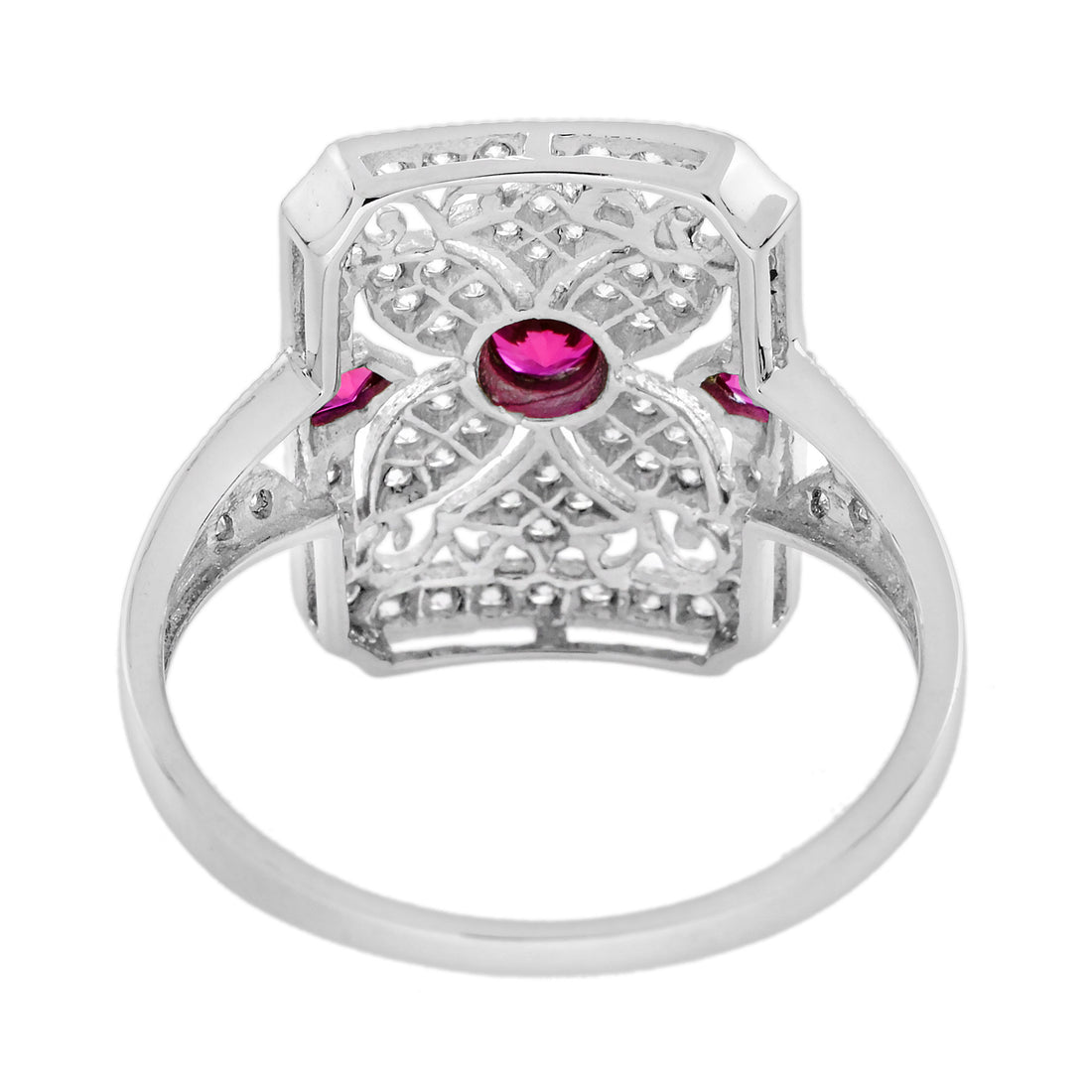 Pink Red Ruby &amp; Diamond Art Deco Style Filigree 14K White Gold Ring