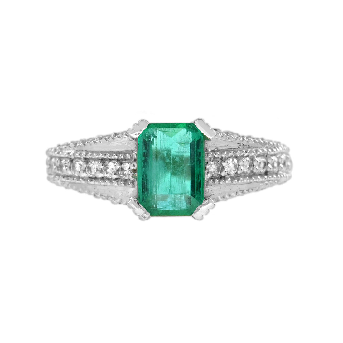 Emerald & Diamond Art Deco Style Solitaire Vintage Inspired 14K White Gold Ring
