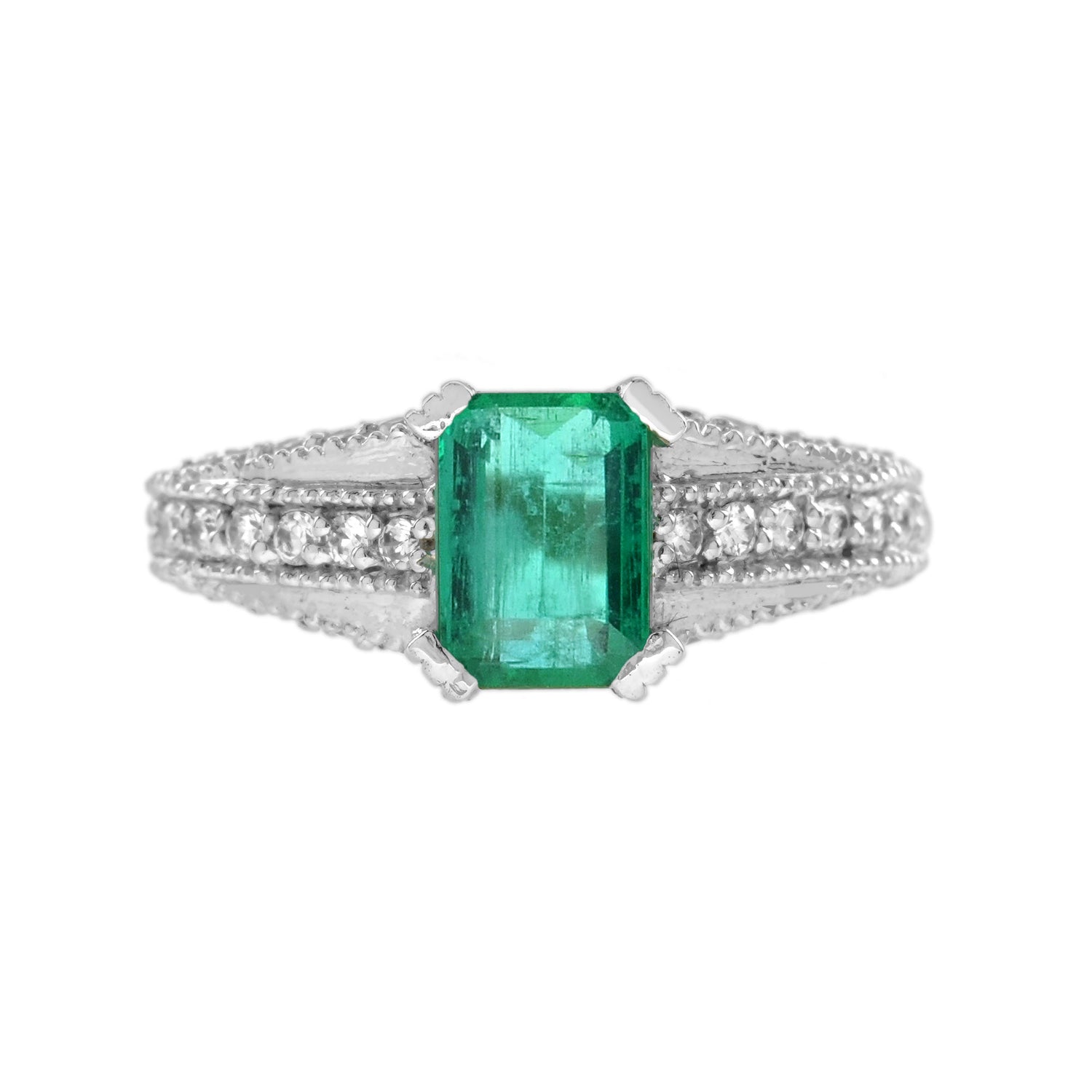 Emerald &amp; Diamond Art Deco Style Solitaire Vintage Inspired 14K White Gold Ring
