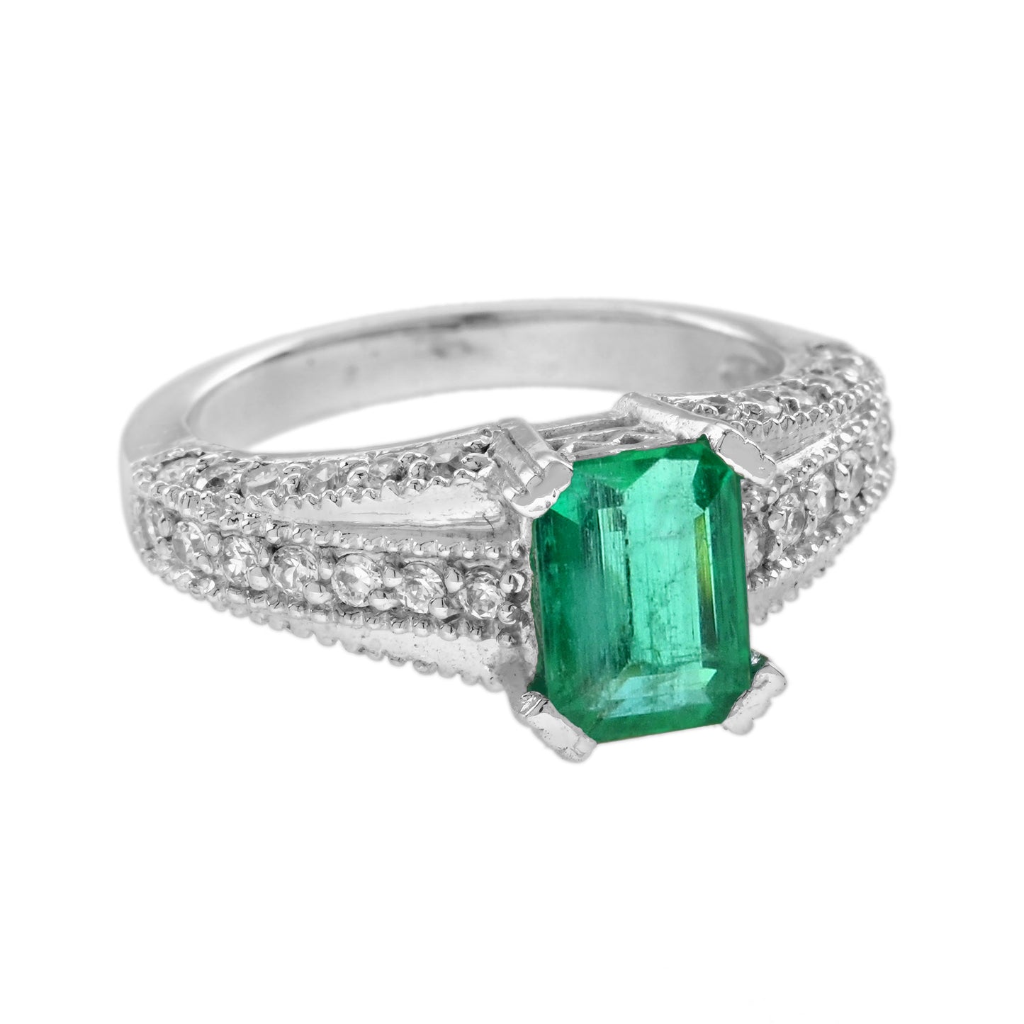 emerald & diamond art deco style solitaire vintage inspired 14k white gold ring