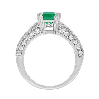 Emerald & Diamond Art Deco Style Solitaire Vintage Inspired 14K White Gold Ring