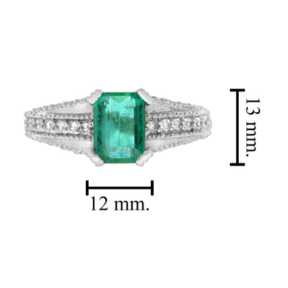 Emerald & Diamond Art Deco Style Solitaire Vintage Inspired 14K White Gold Ring