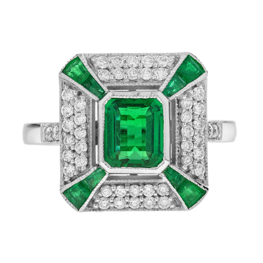 Green Emerald & Diamond Art Deco Style Octagon Pave Set White Gold Ring