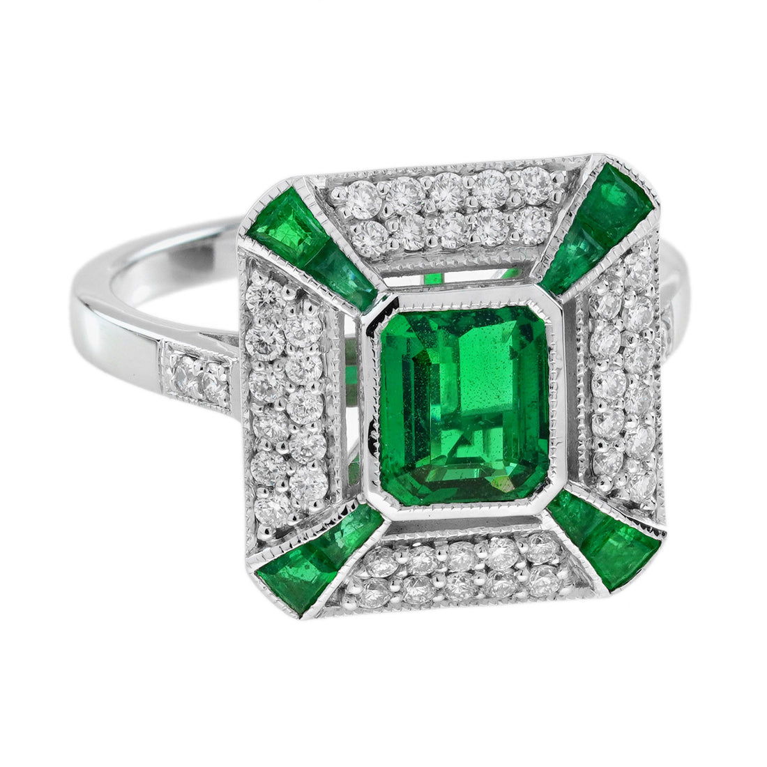 Green Emerald &amp; Diamond Art Deco Style Octagon Pave Set White Gold Ring