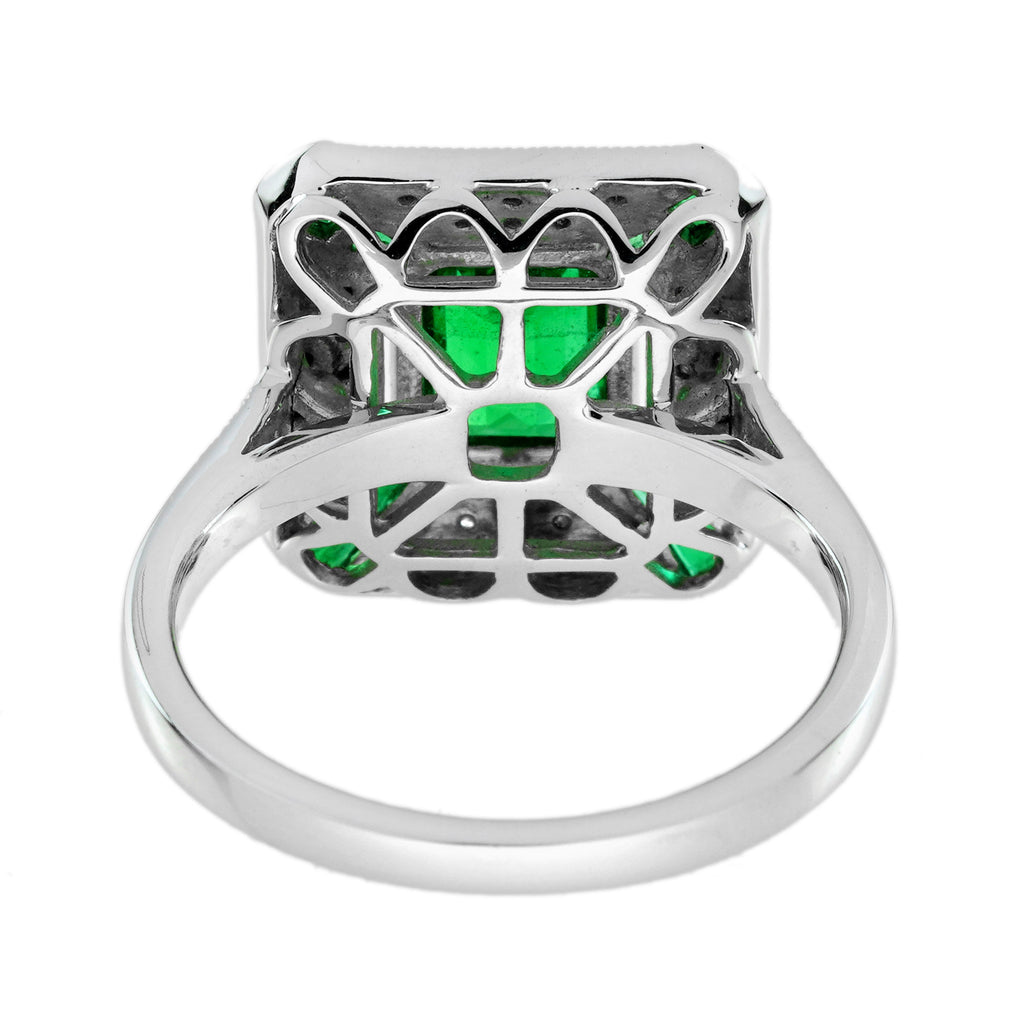 Green Emerald & Diamond Art Deco Style Octagon Pave Set White Gold Ring