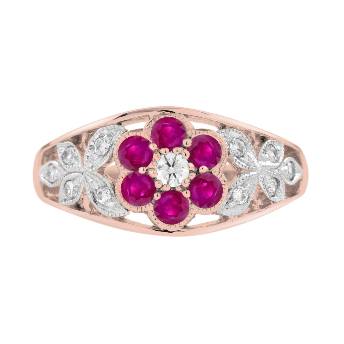 Diamond & Red Pink Ruby Floral Cluster Engagement 14K White Rose Gold Ring