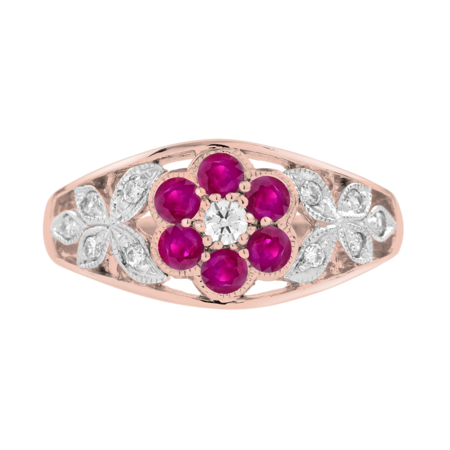 diamond & red pink ruby floral cluster engagement 14k white rose gold ring