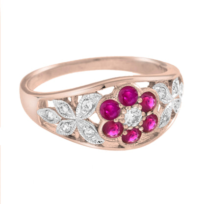 Diamond & Red Pink Ruby Floral Cluster Engagement 14K White Rose Gold Ring