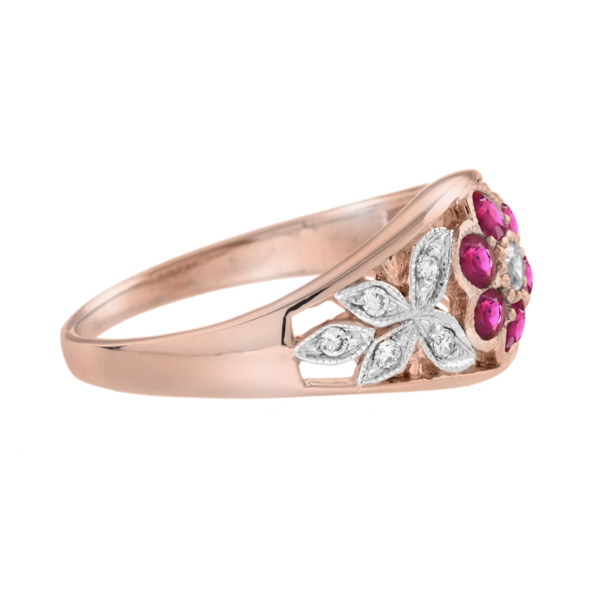 Diamond & Red Pink Ruby Floral Cluster Engagement 14K White Rose Gold Ring