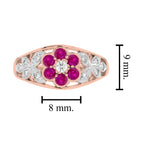 Diamond & Red Pink Ruby Floral Cluster Engagement 14K White Rose Gold Ring