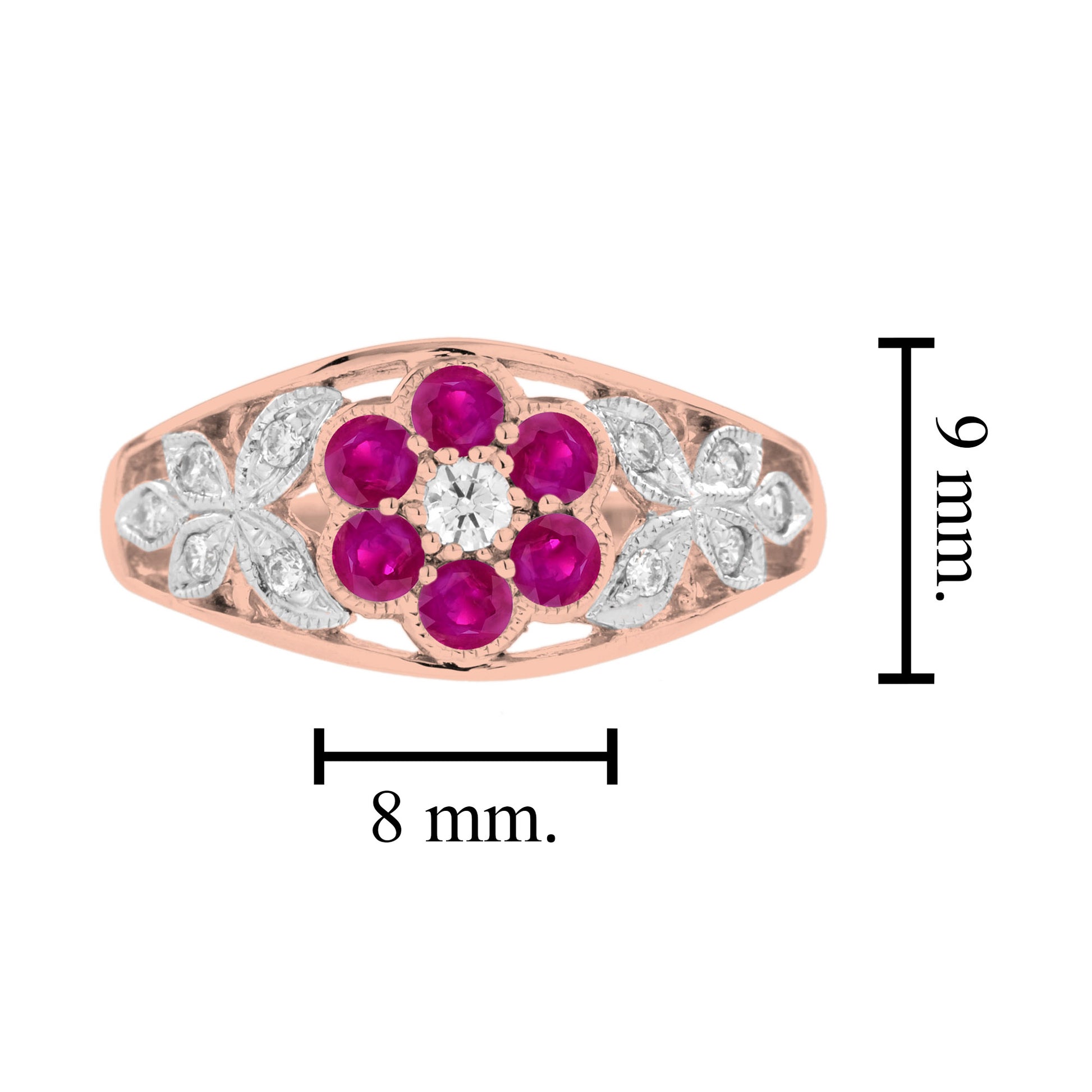 Diamond & Red Pink Ruby Floral Cluster Engagement 14K White Rose Gold Ring