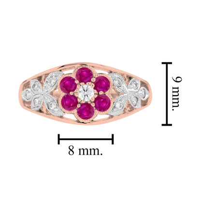 Diamond & Red Pink Ruby Floral Cluster Engagement 14K White Rose Gold Ring