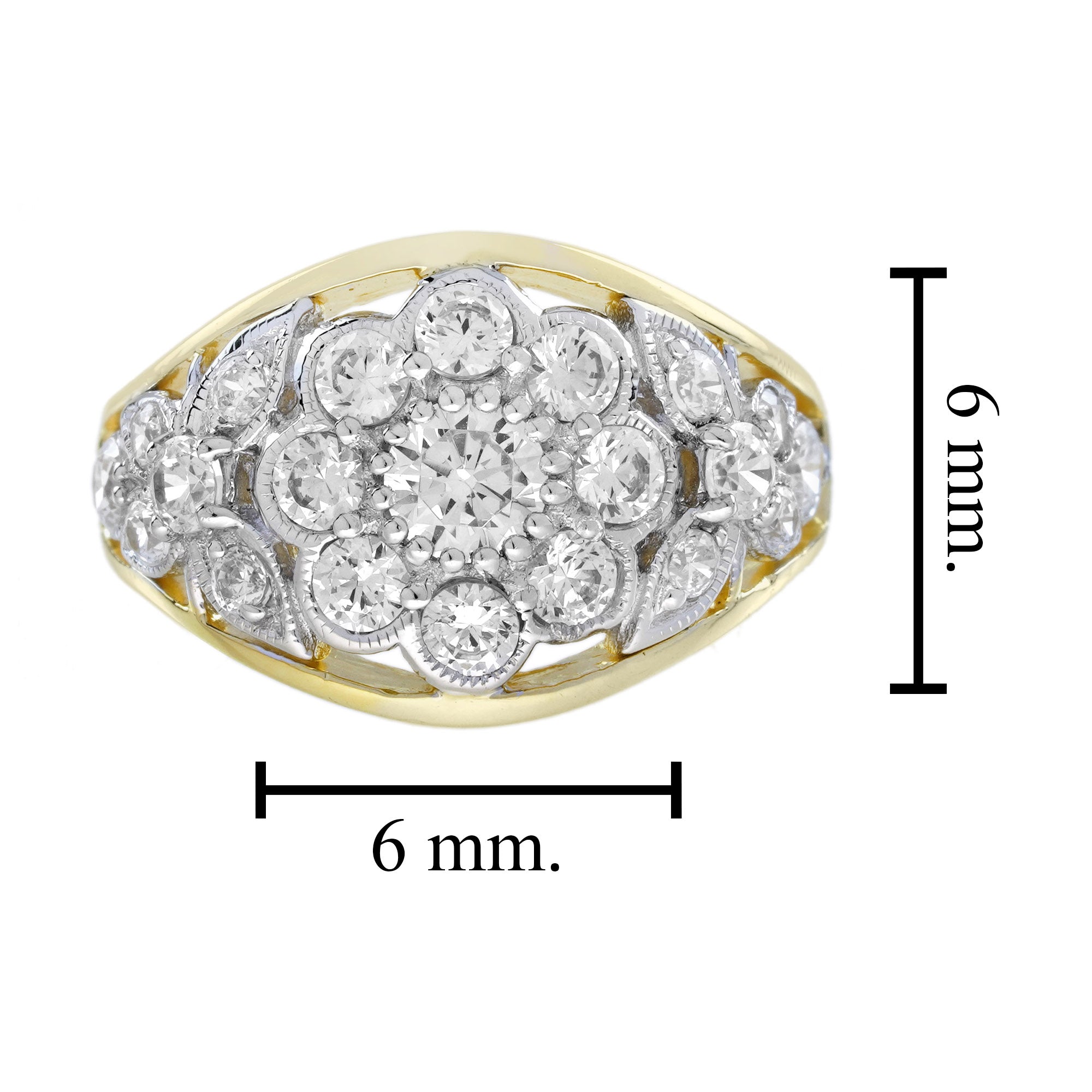 Diamond Cluster Edwardian Floral Style Dome Ring in Two Tone Gold
