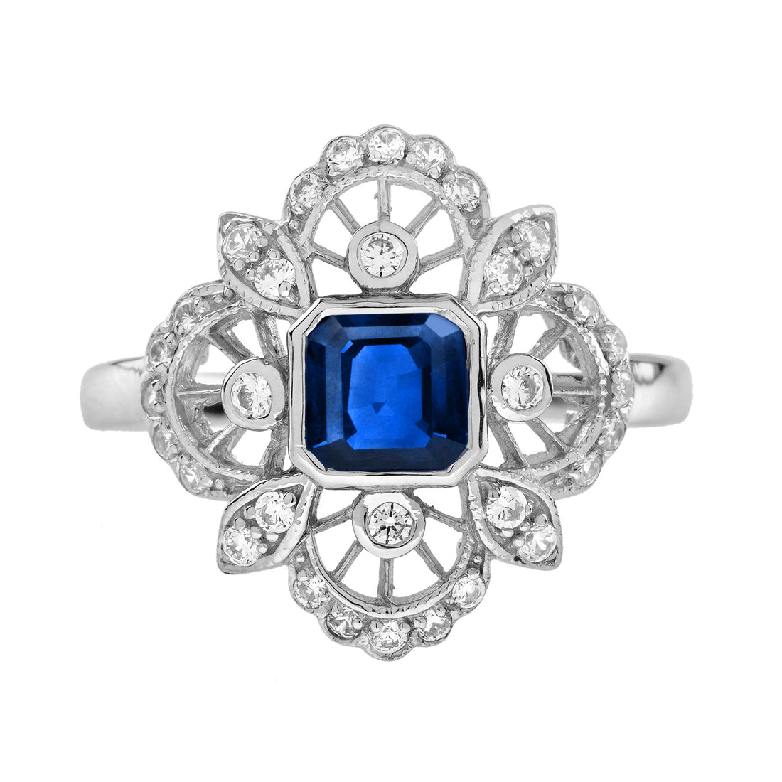 Asscher Blue Sapphire &amp; Diamond Antique Style 14K White Gold Ring