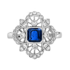 Asscher Blue Sapphire & Diamond Antique Style 14K White Gold Ring