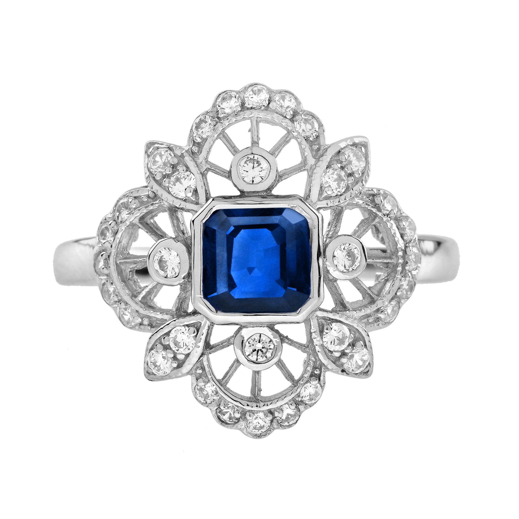 Asscher Blue Sapphire &amp; Diamond Antique Style 14K White Gold Ring