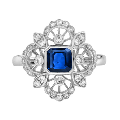 Asscher Blue Sapphire &amp; Diamond Antique Style 14K White Gold Ring
