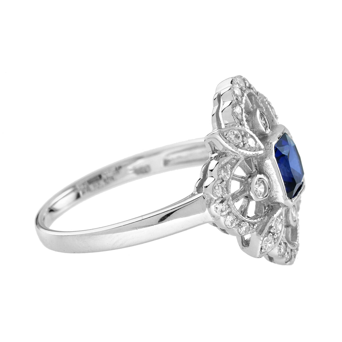 Asscher Blue Sapphire &amp; Diamond Antique Style 14K White Gold Ring
