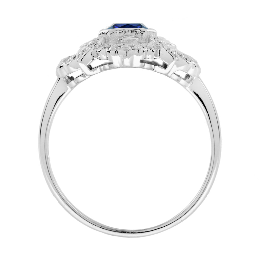 Asscher Blue Sapphire & Diamond Antique Style 14K White Gold Ring