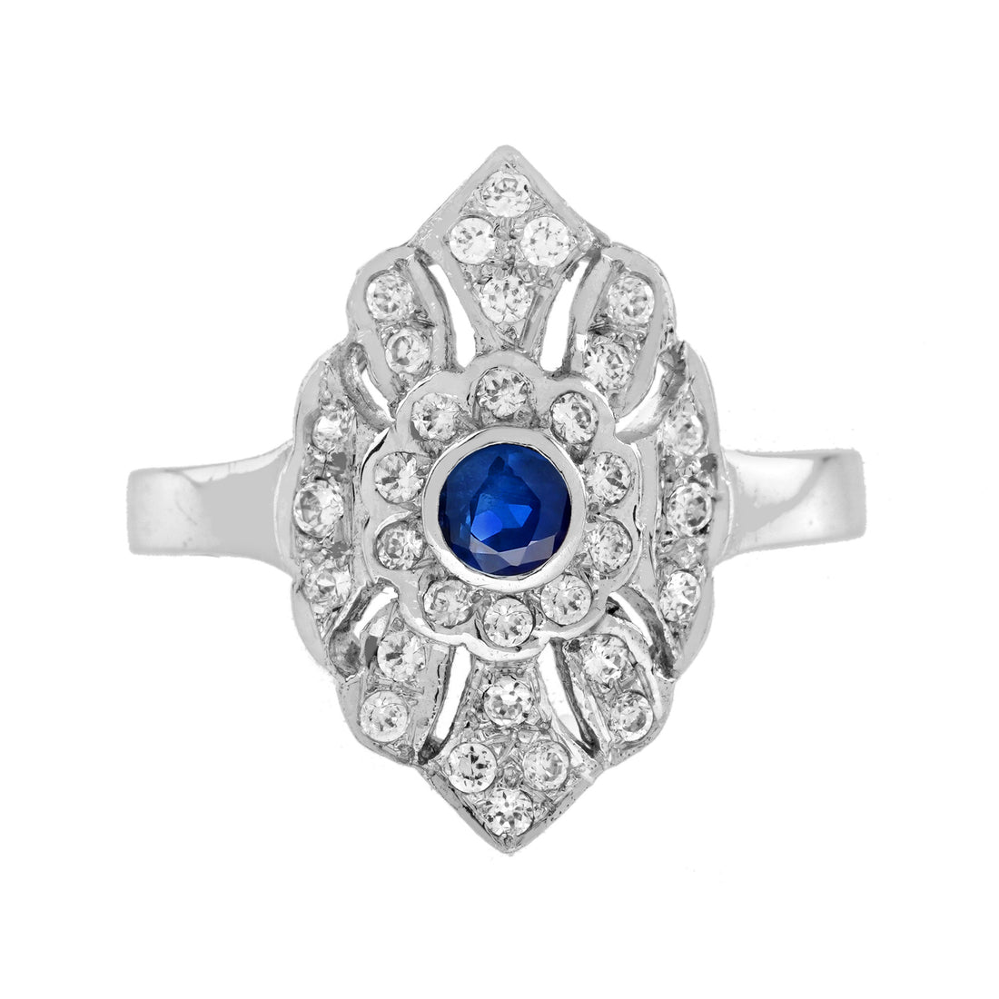 Round Blue Sapphire & Diamond Antique Style Engagement 14K White Gold Ring