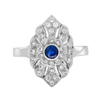 Round Blue Sapphire & Diamond Antique Style Engagement 14K White Gold Ring