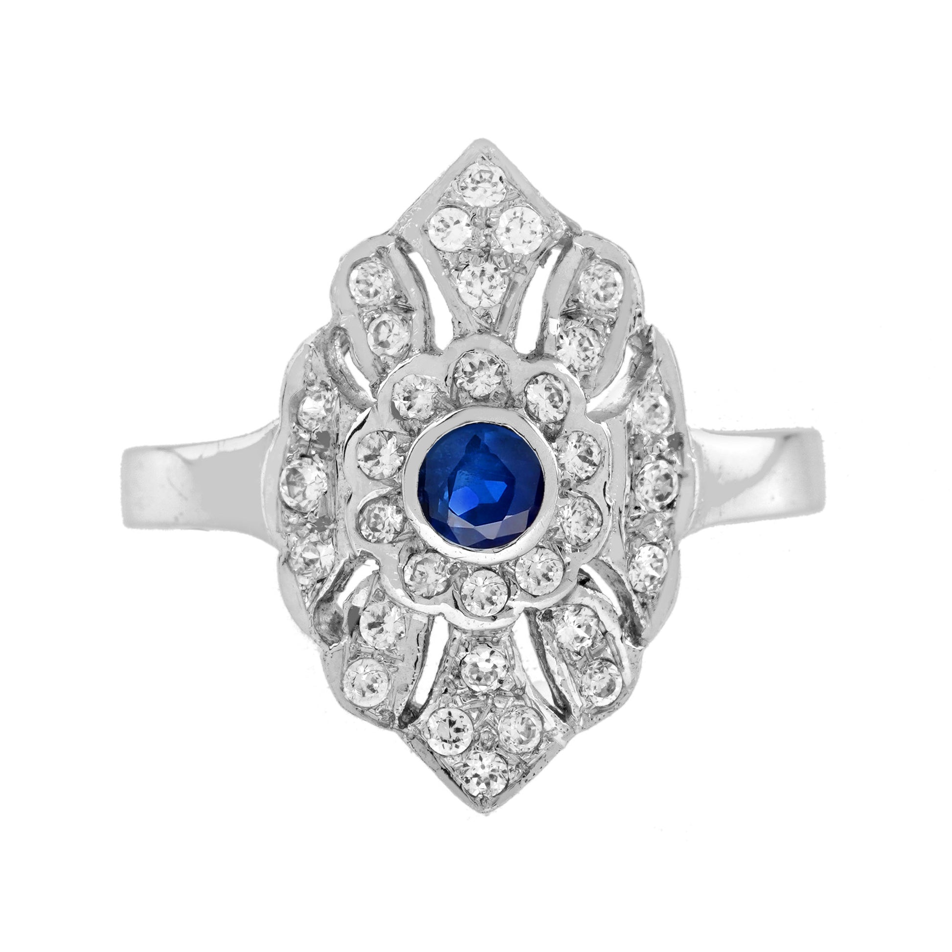 Round Blue Sapphire & Diamond Antique Style Engagement 14K White Gold Ring