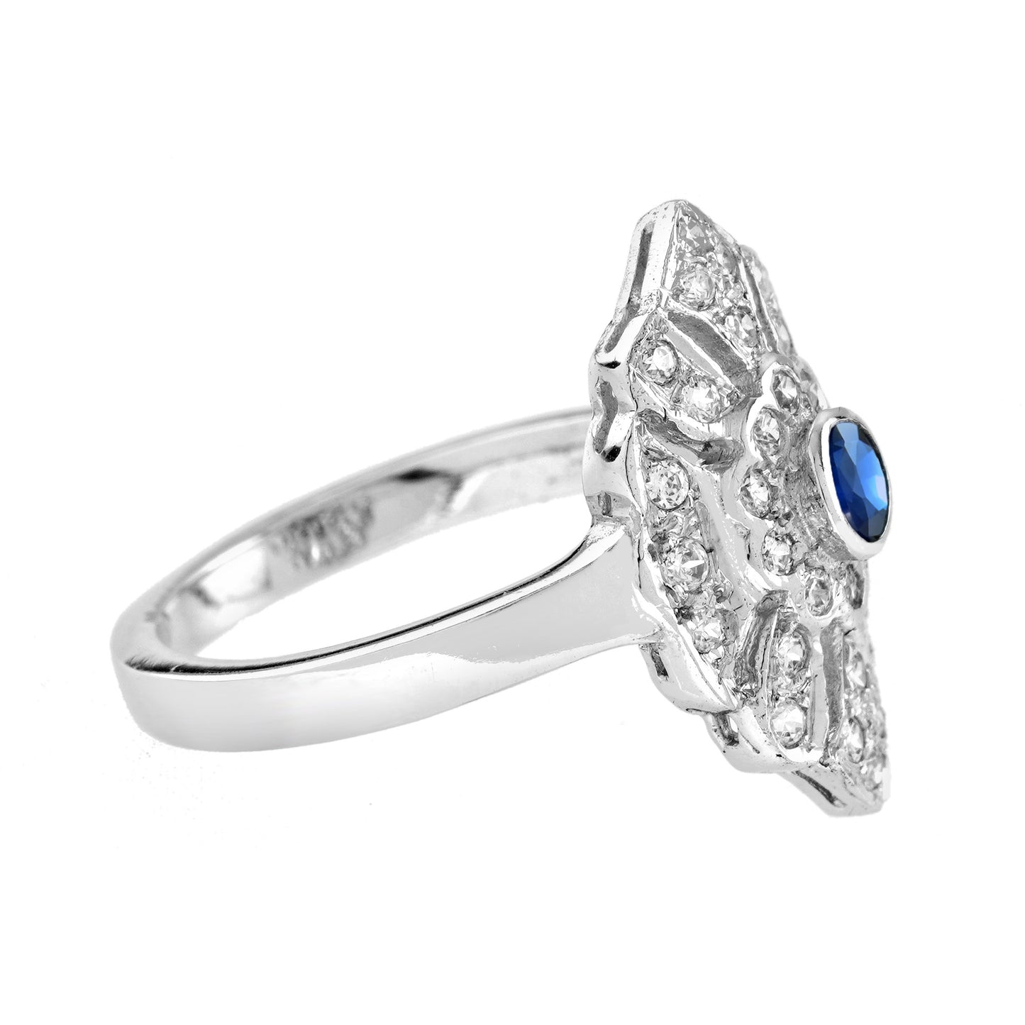 round blue sapphire & diamond antique style engagement 14k white gold ring