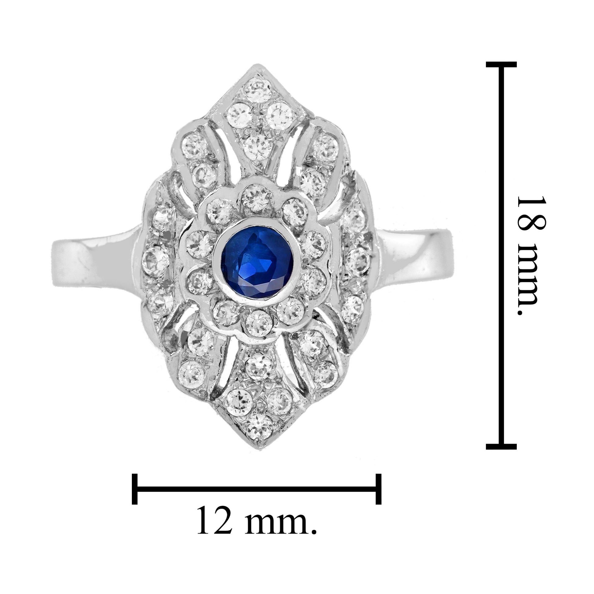 Round Blue Sapphire & Diamond Antique Style Engagement 14K White Gold Ring
