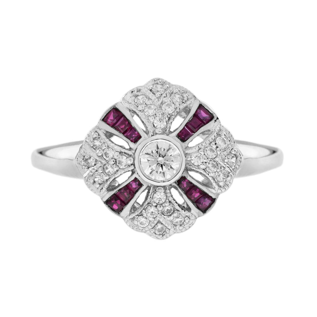 Diamond & Ruby Art Deco Style 14K White Gold Ring