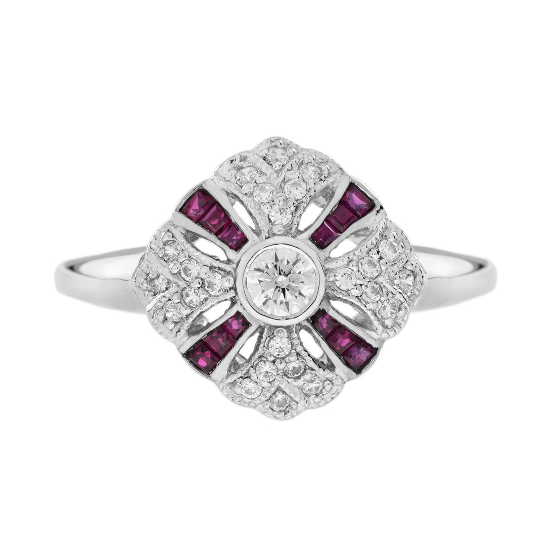 Diamond &amp; Ruby Art Deco Style 14K White Gold Ring
