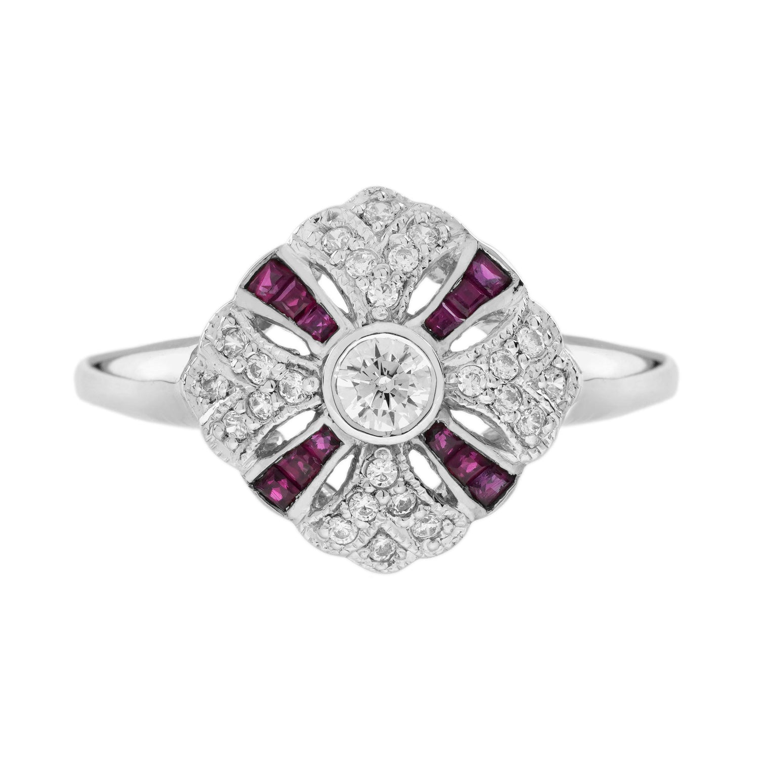Diamond &amp; Ruby Art Deco Style 14K White Gold Ring