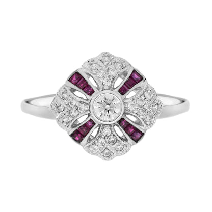 Diamond &amp; Ruby Art Deco Style 14K White Gold Ring