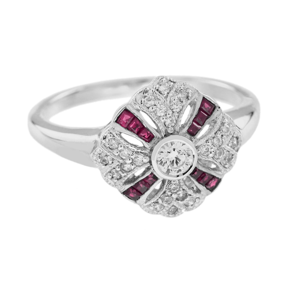 Diamond &amp; Ruby Art Deco Style 14K White Gold Ring