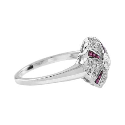 Diamond &amp; Ruby Art Deco Style 14K White Gold Ring