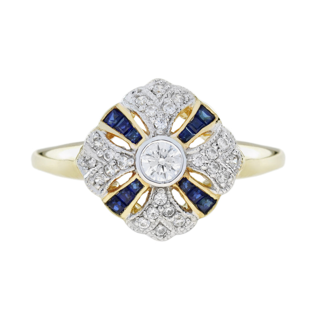 Blue Sapphire & Diamond Vintage Style 14K Yellow Gold Ring