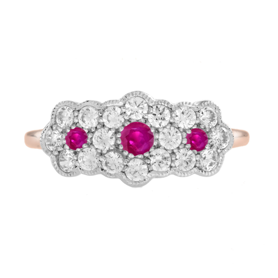 Round Pink Red Ruby &amp; Diamond Floral Flower Three Stone 14K White Rose Ring