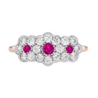 Round Pink Red Ruby & Diamond Floral Flower Three Stone 14K White Rose Ring
